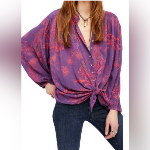 Free People - Peacock Feather Pattern Purple Button Down Long Sleeve Blouse SM - Picture 1 of 11